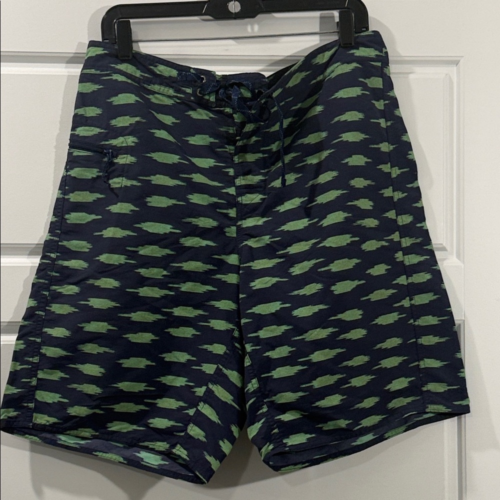 Patagonia Wavefarer Swim Trunk Board Short Blue Green Button Tie Waist Pocket 34
